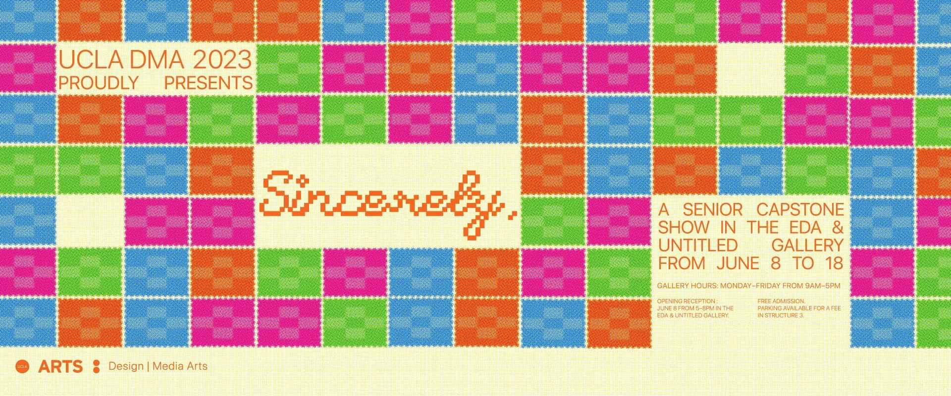 The graphic is composed of an assortment of orange, pink, green, and blue digital stamps with cutouts to accommodate text. On the top right corner, there is a cutout that displays the text "UCLA DMA 2023 Proudly Presents" in an orange font. Below that to 