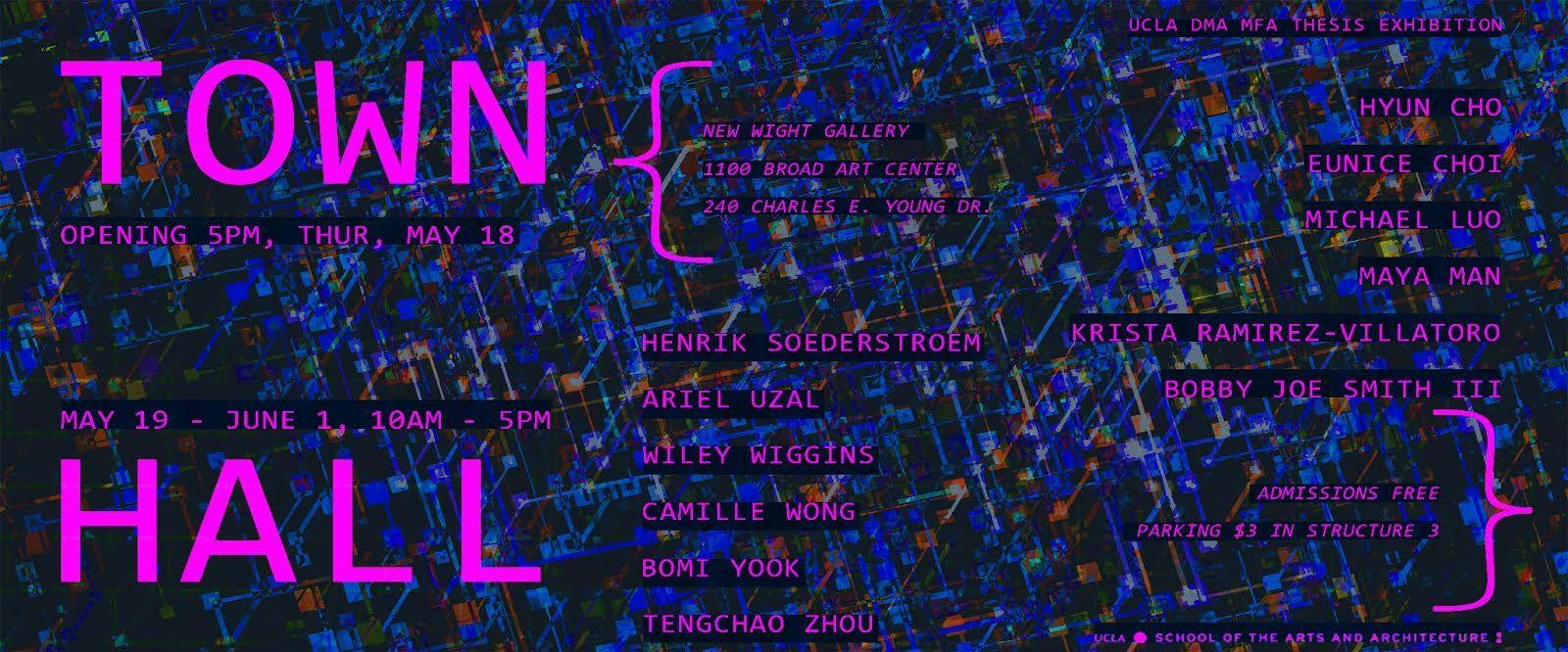 the words "town hall" printed over an abstract blue background