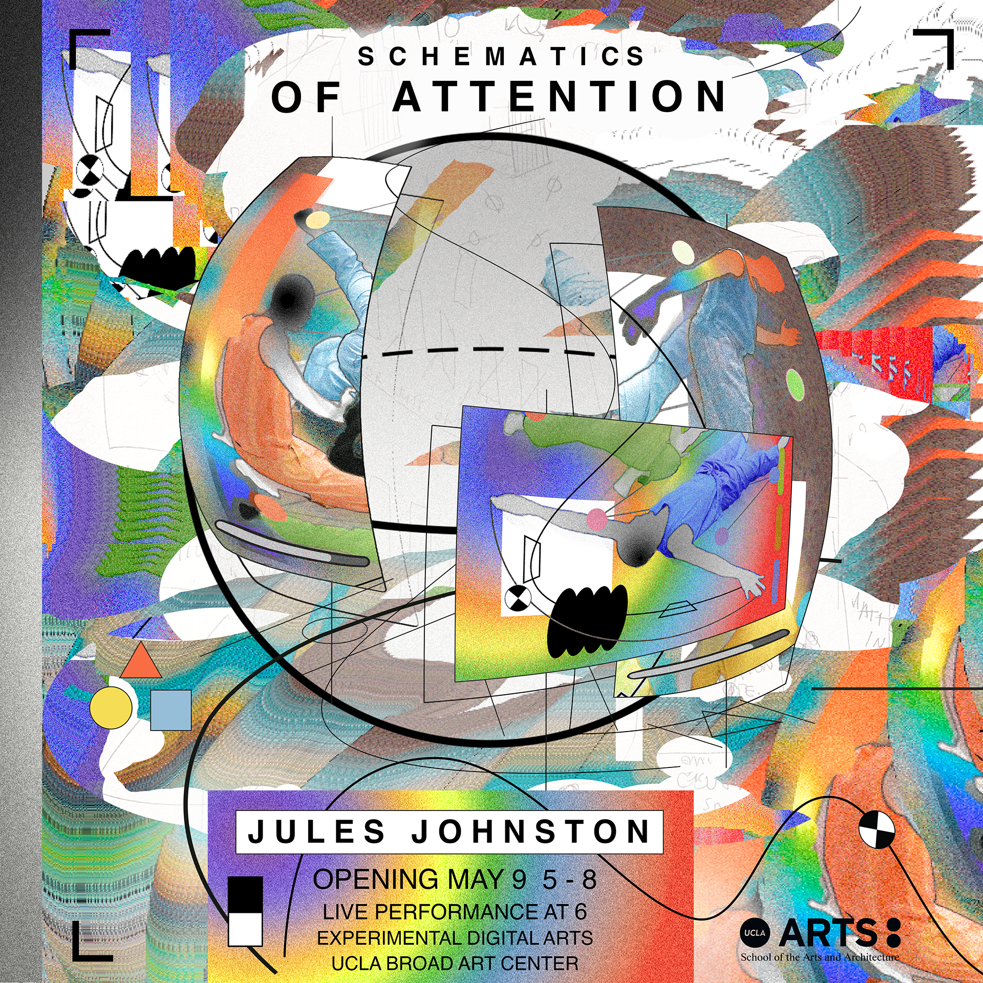 An image of dancers dressed in solid colors fractures and shifts apart above a sphere diagram. The background is a chaotic composition filled with colored blobs that emanate from the original image accented with diagrammatic lines and black and white VFX 