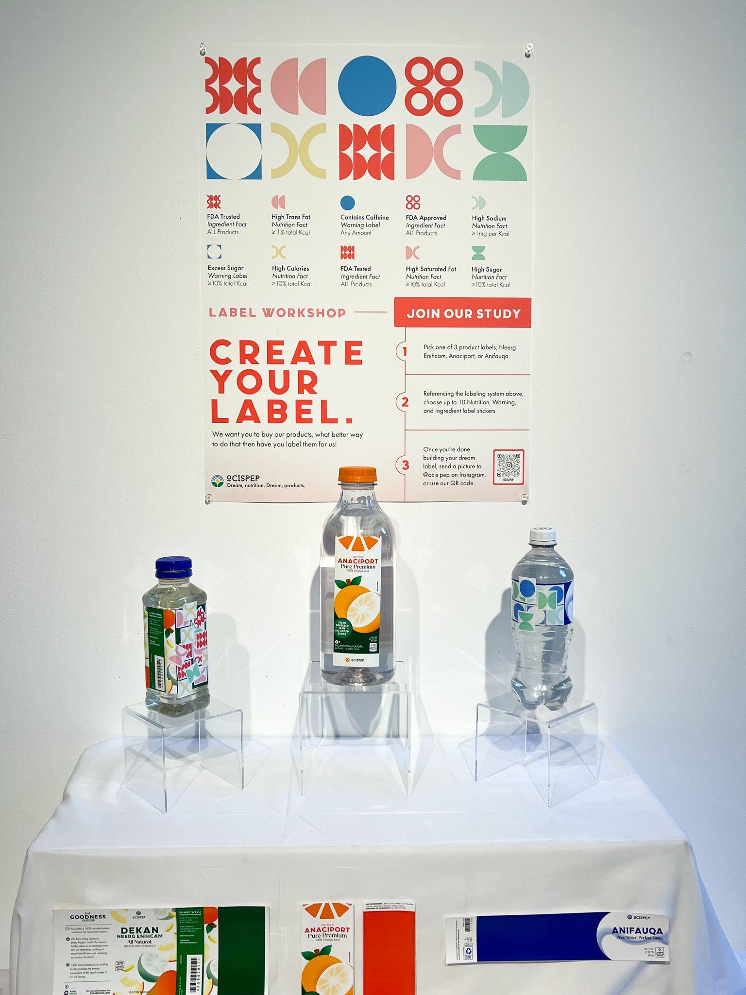 Full display of Ocispep including the poster, products, and stickers used in the labeling workshop.