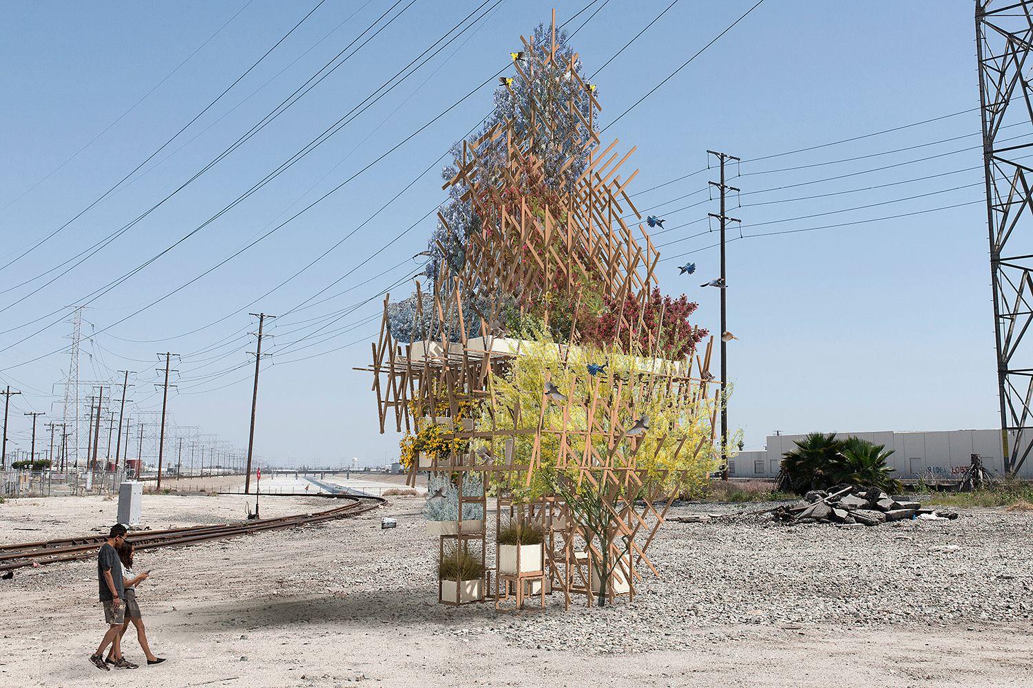 A composite rendering of a strange tree-like structure in a barren field.