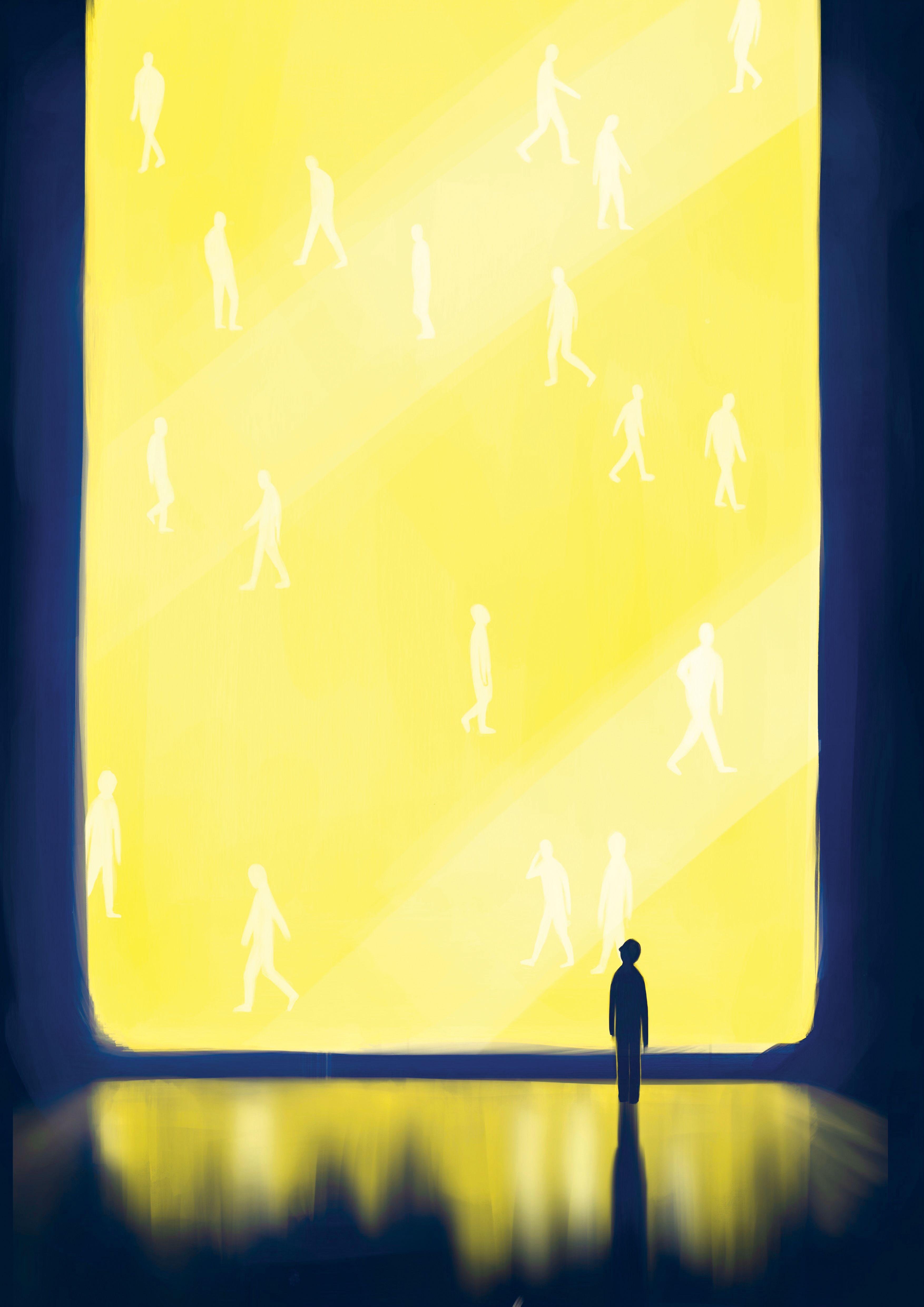 A person stands at a large glass wall, watching the lives of many other people.