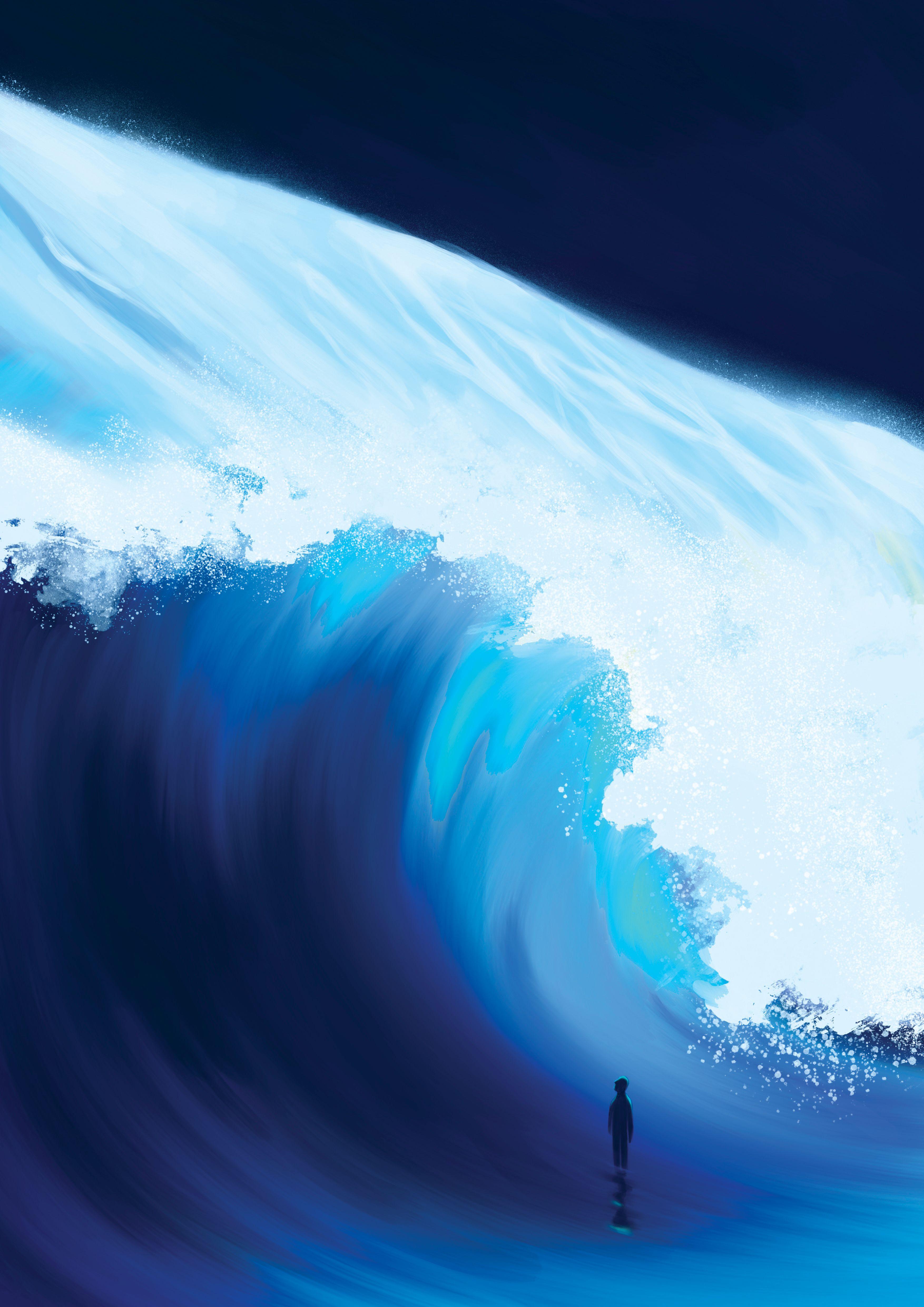 A person stands at the foot of a large, curling wave.