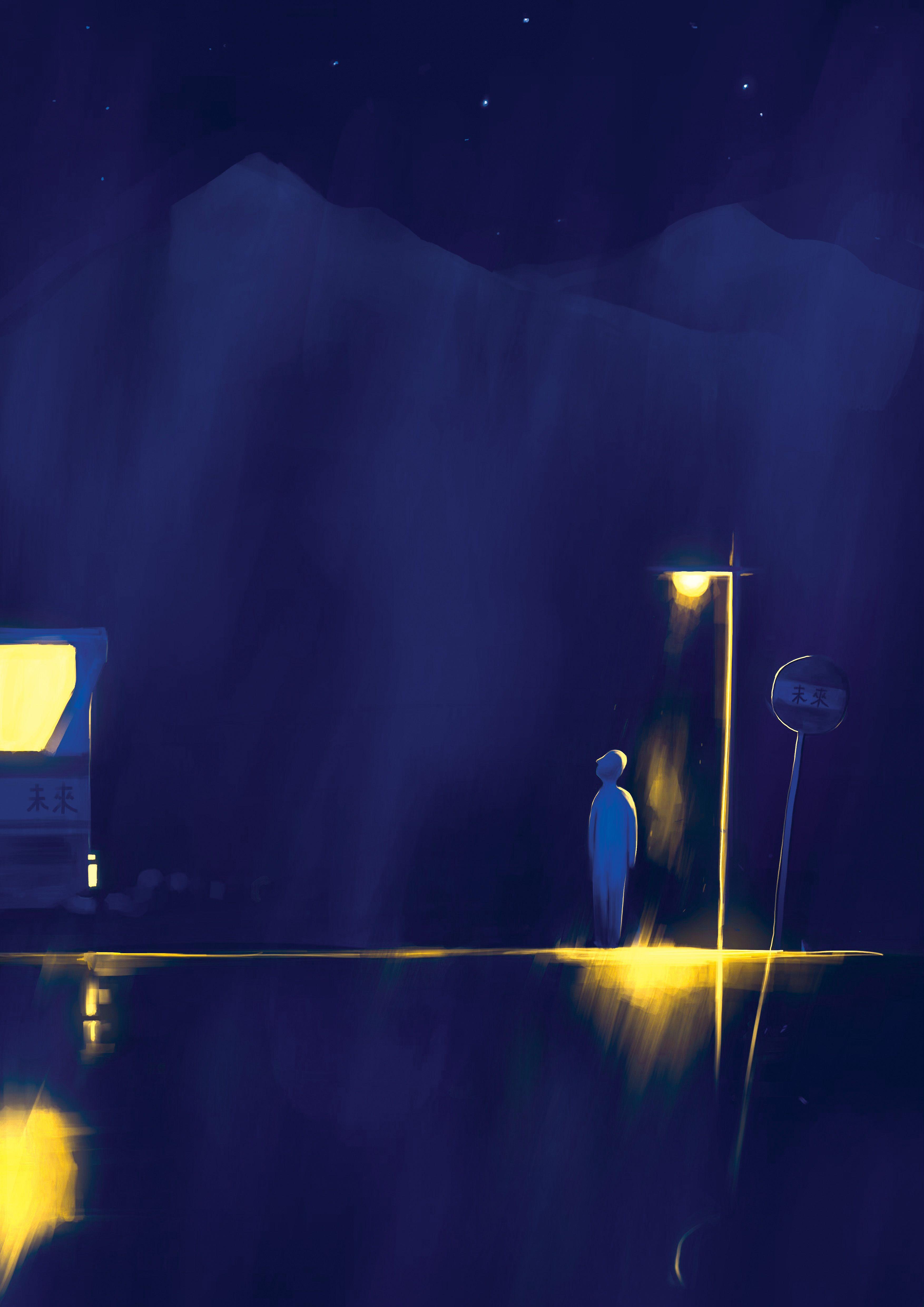 A persona stands under a streetlight next to a stop sign on a dark night.  It appears to be painted with long vertical strokes, looking almost like rain.