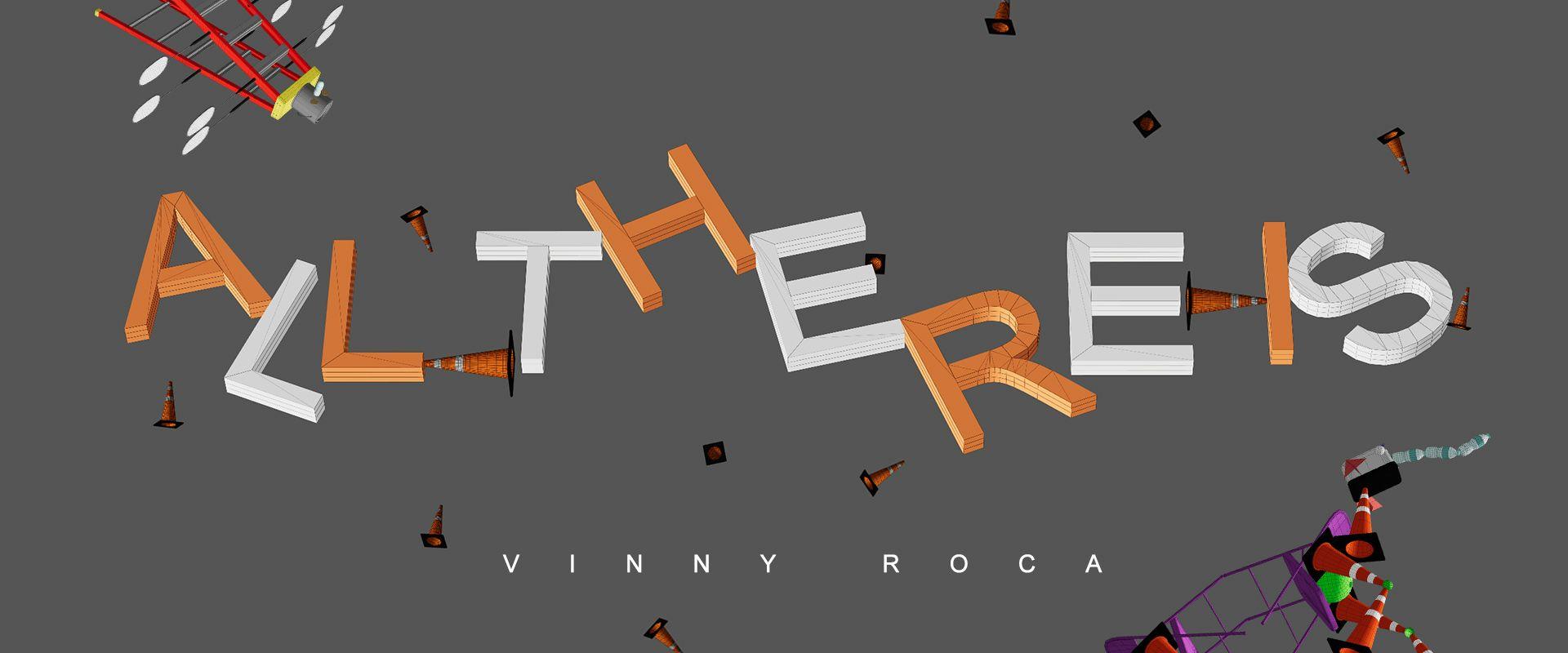 Block letters, alternating in the colors orange and white, float in a gray background. The letters, crooked and unaligned, spell out the words, “all there is”, the name of the exhibition. Between each of the the three words is a traffic cone. Around the f