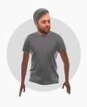 The head of a white-male presenting person on a virtual torso with a grey circle behind them