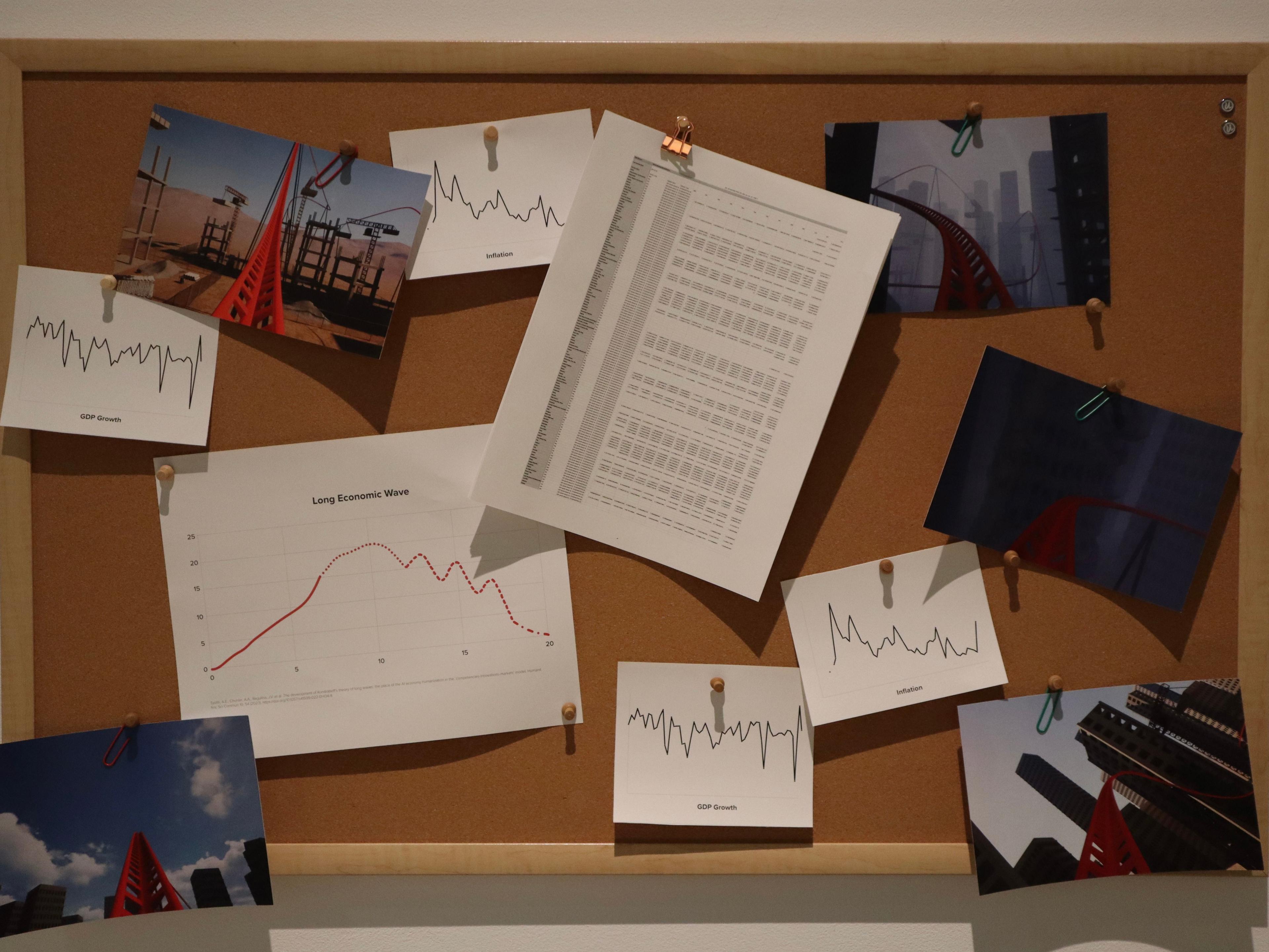 A cork board with different images and documents fixed with pushpins.