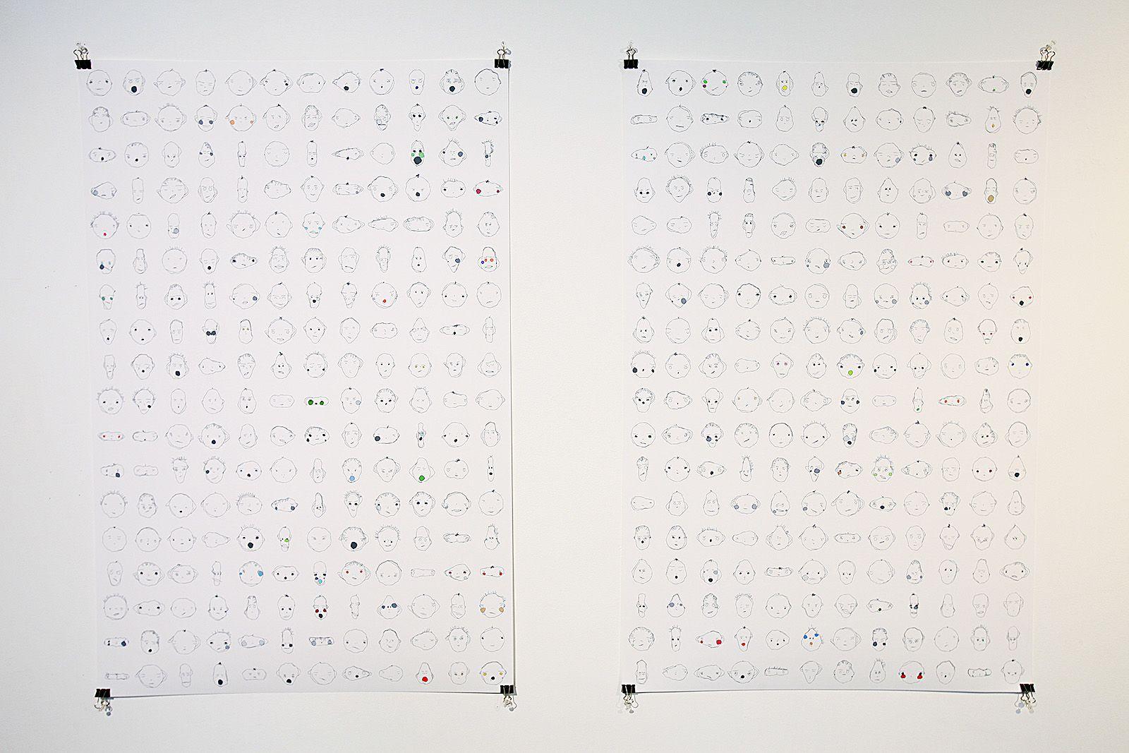 There are two prints of various equally spaced apart weird faces. All of them have two eyes, two eyebrows, and a mouth. Some have hair, a nose, ears, or blush. All have unique expressions and are line drawn in black. Almost none have color.