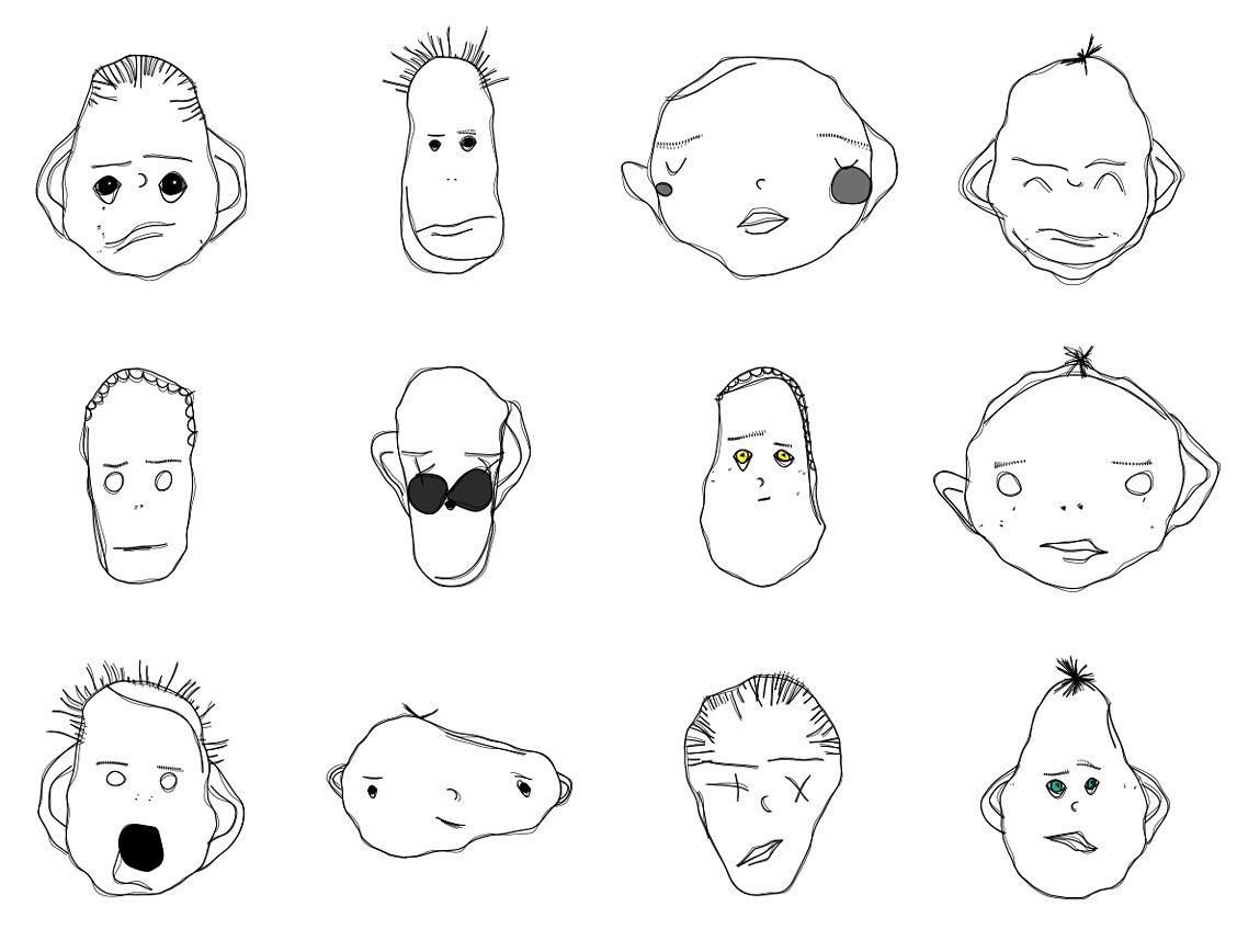 There are 12 variety of equally spaced apart weird faces (in four columns and three rows). All of them have two eyes, two eyebrows, and a mouth. Some have hair, a nose, ears, or blush. All have unique expressions.