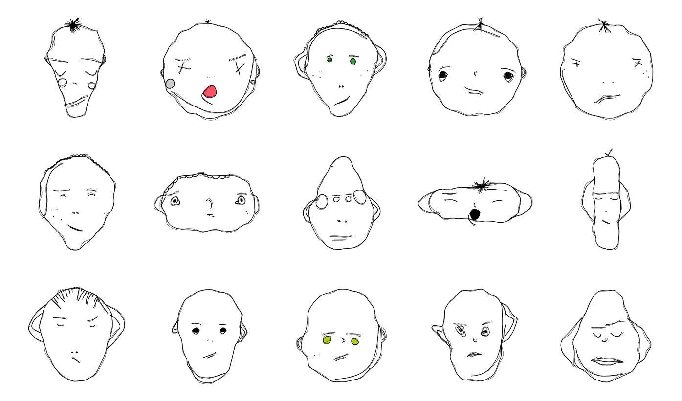 There are 15 equally spaced apart weird faces (in five columns and three rows). All of them have two eyes, two eyebrows, and a mouth. Some have hair, a nose, ears, or blush. All have unique expressions.